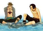  2boys male_focus marco multiple_boys one_piece portgas_d_ace sitting tattoo wet whitebeard_pirates 