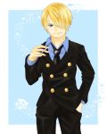  1boy blonde_hair cigarette hair_over_one_eye male_focus one_piece sanji solo suit 