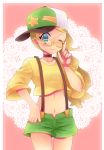  10s 1girl alternate_costume bespectacled blonde_hair blue_eyes blush choker crop_top crop_top_overhang glasses happy hat long_hair midriff navel nintendo pokemon pokemon_(anime) pokemon_(game) pokemon_xy serena_(pokemon) short_shorts shorts smile suspenders thigh_gap wink 