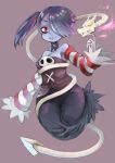  1girl blue_hair blue_skin detached_sleeves female hair_over_one_eye leviathan_(skullgirls) monster_girl red_eyes rugure skullgirls sleeves_past_wrists smile squigly_(skullgirls) stitched_mouth stitches zombie 