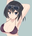  1girl armpits arms_behind_head arms_up bare_shoulders bikini bikini_top black_eyes black_hair breasts cleavage female glasses joukamachi_no_dandelion koudzuki large_breasts looking_at_viewer sakurada_kanade short_hair simple_background smile solo sunglasses swimsuit upper_body 