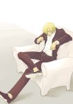  1boy armchair artist_request blonde_hair chair male_focus one_piece sanji sitting solo white_upholstery 