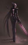  1girl alternate_costume alternate_hair_color artist_request ass back dark_background fiora_laurent glowing glowing_weapon league_of_legends looking_back solo sword visor 