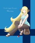  00s 1girl bare_shoulders blonde_hair breasts character_name cleavage collarbone feet hair_ornament hair_over_one_eye highres nakaba poke_ball pokemon pokemon_(game) pokemon_dppt shirona_(pokemon) sitting slippers stone toes very_long_hair yellow_eyes 