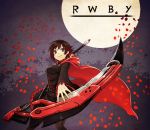  1girl breasts cape gothic_lolita grey_eyes hood lolita_fashion look moon petals rose_petals ruby_rose rwby scythe short_hair 