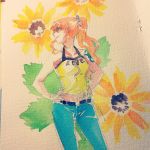  1girl artist_request flower hands_on_hips nami_(one_piece) one_piece orange_hair solo source_request sunflower sunglasses tattoo traditional_art traditional_media travessinglethe 