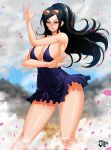  1girl armpits black_hair breasts cleavage curvy dress female highres jadenkaiba large_breasts looking_at_viewer nico_robin one_piece petals pose short_dress smile smoke solo sunglasses sunglasses_on_head 