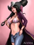 1girl alvida_(one_piece) bikini_top breasts character_name cleavage club cowboy_hat denim female gradient gradient_background hat jeans midriff one_piece panties pants pirate solo underwear weapon