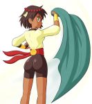  1girl ajna_(indivisible) artist_request ass bike_shorts brown_hair dark_skin indivisible lab_zero_games legs looking_at_viewer shiny shiny_clothes short_hair skirt smile solo 