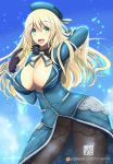  1girl aqua_eyes atago_(kantai_collection) blonde_hair blush breasts cleavage curvy female happy hat huge_breasts kantai_collection large_breasts long_hair looking_at_viewer open_mouth smile solo torahimemax wide_hips 