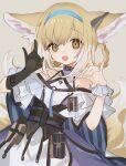  1girl animal_ear_fluff animal_ears arknights awa_iro bangs black_gloves blonde_hair blue_hairband commentary double_fox_shadow_puppet dress earpiece eyebrows_visible_through_hair fox_ears fox_girl fox_shadow_puppet fox_tail gloves grey_background hair_rings hairband infection_monitor_(arknights) kitsune leaning_back looking_at_viewer multicolored_hair multiple_tails off-shoulder_dress off_shoulder open_mouth short_sleeves simple_background single_glove single_wrist_cuff smile solo suzuran_(arknights) tail two-tone_hair upper_body white_dress white_hair white_wrist_cuffs wrist_cuffs yellow_eyes 