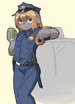  1girl artist_request blonde_hair blue_eyes dog doughnut eating female hat partially_colored police police_uniform short_hair solo uniform 