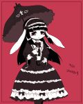  1girl artist_request black_hair furry gothic_lolita lolita_fashion long_hair looking_at_viewer monochrome rabbit red_eyes simple_background solo umbrella 
