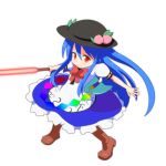  &gt;:) 1girl apron bad_anatomy black_hat blue_dress blue_hair bow bowtie brown_shoes cato_(monocatienus) dress flaming_sword food fruit hat hinanawi_tenshi holding long_hair peach puffy_short_sleeves puffy_sleeves rainbow_order red_bow red_eyes shirt shoes short_sleeves simple_background solo sword sword_of_hisou touhou very_long_hair weapon white_background white_shirt younger 