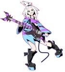  10s 1girl bass_guitar blue_hair boots female guitar gym_leader highres homika_(pokemon) instrument jerun looking_at_viewer pokemon pokemon_(game) pokemon_bw2 shirt short_hair solo striped striped_shirt topknot white_hair 