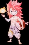  abs bandage barefoot chibi fairy_tail food long_hair looking_at_viewer male_focus mashima_hiro meat natsu_dragneel official_art pink_hair scar scarf shirtless smile 