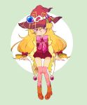  1girl beryl_benito blonde_hair brown_eyes freckles hat long_hair ribbon shoes socks tales_of_(series) tales_of_hearts thigh-highs wide_sleeves witch_hat 