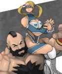  1boy 1girl bare_shoulders beard black_hair blonde_hair blue_eyes boots breasts chest_hair cleavage cleavage_cutout domino_mask facial_hair flexing knee_boots large_breasts mask mohawk muscle pose rainbow_mika shirtless sitting sitting_on_shoulder sonapo street_fighter twintails wide_hips zangief 