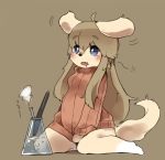  1girl artist_request blue_eyes brown_hair dog female full_body furry open_mouth simple_background sitting solo sweater 