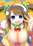  1girl bell blue_eyes blush breasts brown_hair cleavage dress fang female large_breasts leaning_forward long_hair looking_at_viewer minori_(senran_kagura) open_mouth senran_kagura senran_kagura_(series) smile solo twintails upper_body watarai_kou 
