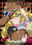  1girl beryl_benito blonde_hair blush candy freckles grey_eyes grin hat long_hair one_eye_closed open_mouth ribbon smile tales_of_(series) tales_of_hearts wink witch_hat 