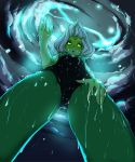  1girl cartoon_network dark_clouds darkestmbongo forehead_jewel from_below green_eyes green_skin leotard lightning looking_at_viewer peridot_(steven_universe) perspective rain solo steven_universe storm thunder visor wet 