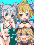  1boy 2girls armor artist_request bikini blonde_hair blue_eyes blush breasts chibi female fiorun green_eyes multiple_girls nintendo open_mouth shulk swimsuit xenoblade 