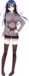  1girl belt black_legwear blue_hair blush breasts female full_body game_cg giga_(company) highres kagami_suzuha large_breasts legs long_hair long_sleeves looking_at_viewer nironiro ren&#039;ai_phase shoes shorts simple_background solo standing thigh-highs thighs white_background yellow_eyes 
