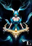  1girl bare_shoulders blue_eyes blue_hair breasts cleavage dark_background dress instrument kevin_glint league_of_legends looking_at_viewer solo sona_buvelle strapless_dress twintails wide_sleeves 