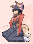  1girl artist_request black_hair copyright_request dog female full_body furry green_eyes japanese_clothes open_mouth pipe ponytail short_hair sitting solo 