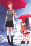  3girls bare_legs clouds eris.y_(7hai) hair_over_one_eye multiple_girls rain shorts sky tagme umbrella 