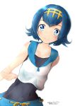  1girl arms_behind_back blue_eyes blue_hair closed_mouth collarbone headgear highres looking_at_viewer matching_hair/eyes pokemon pokemon_(game) pokemon_sm short_hair sleeveless smile solo suiren_(pokemon) swimsuit swimsuit_under_clothes white_background 