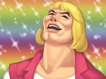  1boy bangs blonde_hair blunt_bangs closed_eyes collarbone eyebrows he-man heaven_condition lips male_focus maou_alba masters_of_the_universe meme nose open_mouth portrait prince_adam rainbow_background shirt solo teeth vest white_shirt 