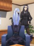  2girls animated animated_gif black_hair breasts business_suit chuunibyou dullahan glasses headless lala_(monster_musume) large_breasts long_hair monster_girl monster_musume_no_iru_nichijou ms._smith multiple_girls sitting smile standing thigh-highs white_hair 