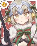  1girl anger_vein bell black_bikini_top black_gloves blonde_hair blush capelet elbow_gloves fate/grand_order fate_(series) g.t gloves helmet holding jeanne_alter jeanne_alter_(santa_lily)_(fate) looking_at_viewer ruler_(fate/apocrypha) short_hair solo spoken_anger_vein yellow_eyes 