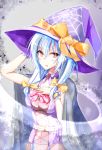  1girl artist_request belt cape female hair_ribbons halloween hat long_hair original pumpkin red_eyes ribbon silver_hair solo witch witch_hat 