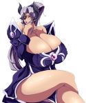 1girl animal_ears bare_shoulders blush breasts cleavage collarbone cow_ears curvy eyepatch female gigantic_breasts hikkin_(pixiv) horns jewelry legs_crossed lips long_hair matsumoto_katsuya necklace original parted_lips ponytail purple_hair shiny shiny_skin simple_background sitting solo thick_thighs thighs white_background 