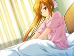  1girl bed bow closed_mouth collarbone female game_cg hair_bow hyoui_henshin_extra_souls ishigami_aya long_hair looking_at_viewer on_bed orange_hair pink_shirt ponytail red_eyes shirt short_sleeves sitting sitting_on_bed smile solo 