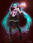  1girl alternate_costume aqua_hair artist_request hand_on_hip hatsune_miku lens_flare logo looking_at_viewer persona persona_4:_dancing_all_night skirt smile solo sparkle twintails very_long_hair vocaloid 