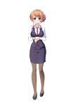  1girl ameto_yuki blush brown_hair brown_legwear collar female full_body green_eyes hair_ornament hooksoft long_hair looking_at_viewer makihara_shiho_(pure_x_connect) necktie office_lady official_art pantyhose pure_x_connect shiny shiny_skin shirt smee solo standing straight_hair tagme transparent_background 