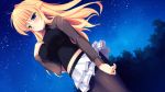  1girl belt black_legwear blonde_hair blue_eyes blush frilled_skirt frills game_cg kazamatsuri_koromo long_hair long_sleeves manatsu_no_yoru_no_yuki_monogatari midriff mikeou night outdoors pantyhose skirt sky solo star white_skirt 