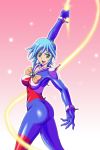  1girl allenby_beardsley ass beam_ribbon blue_hair bodysuit bow breasts g_gundam green_eyes gundam mobile_trace_suit open_mouth s.shimizu short_hair skin_tight 