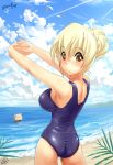  1girl blonde_hair breasts gao-x looking_back one-piece_swimsuit sky solo standing swimsuit 