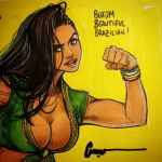  1girl asymmetrical_hair black_hair bracelet brazilian breasts cleavage cornrows dark_skin flexing front-tie_top jewelry laura_matsuda looking_at_viewer omar_dogan open_mouth pose raised_eyebrow sketch solo street_fighter street_fighter_v upper_body vest 