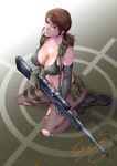  1girl bare_shoulders bikini breasts brown_hair cleavage female from_above grey_eyes gun kneeling large_breasts looking_at_viewer metal_gear_(series) metal_gear_solid_v navel pantyhose parted_lips ponytail quiet_(metal_gear) rifle sitting sniper_rifle solo swimsuit torn_s weapon 