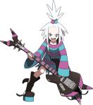  10s 1girl bass_guitar blue_hair boots female guitar gym_leader highres homika_(pokemon) instrument looking_at_viewer official_art ohmura_yusuke pokemon pokemon_(game) pokemon_bw2 shirt short_hair solo striped striped_shirt topknot white_hair 