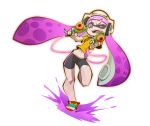  1girl aiming_at_viewer bike_shorts dual_wielding fangs gun headphones ink inkling looking_at_viewer midriff navel nintendo open_mouth purple_hair shirt solo splatoon tentacle_hair the_pink_pirate violet_eyes weapon 