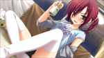  1girl alcohol beer blush can collarbone female game_cg green_eyes jewelry karasuba_yukari kobuichi looking_at_viewer necklace open_mouth redhead shirt short_sleeves sitting solo t-shirt tenshinranman thigh-highs white_legwear 