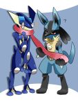  ? blush frog greninja holding long_tongue lucario pokemon ragujuka_(aachi) red_eyes spike tongue webbed_feet webbed_hands 