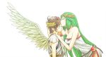  1boy 1girl angel arm armlet bare_arms bare_shoulders belt blush breasts brown_hair circlet closed_eyes couple dress feathered_wings forehead_kiss green_hair hair_ornament hand_on_another&#039;s_head hand_on_another&#039;s_shoulder headpiece highres hug jewelry kid_icarus kid_icarus_uprising kiss leaning leaning_forward neck neck_ring nintendo palutena pit_(kid_icarus) saiba_(henrietta) short_hair side_slit simple_background strapless strapless_dress tiara upper_body very_long_hair white_background white_dress wings 